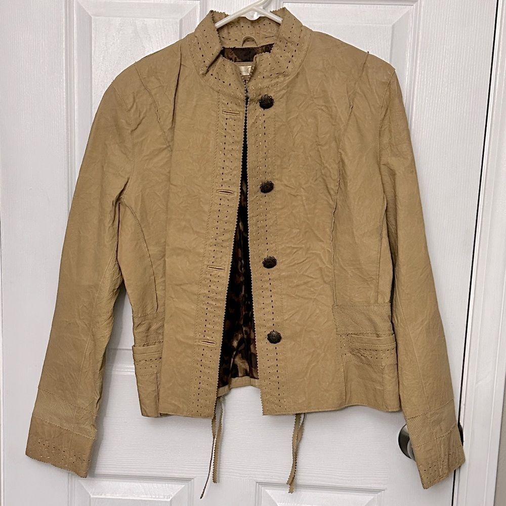 Wilson’s Camel Yellow patchwork leather jacket with stitching laser cut western